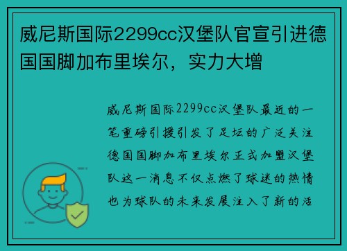 威尼斯国际2299cc汉堡队官宣引进德国国脚加布里埃尔，实力大增