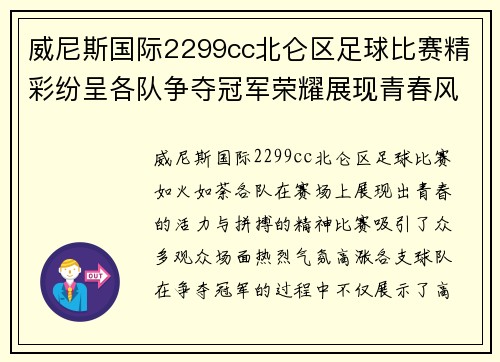 威尼斯国际2299cc北仑区足球比赛精彩纷呈各队争夺冠军荣耀展现青春风采